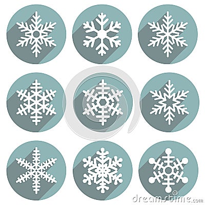 Set of flat colored simple winter snowflakes. Vector Illustration