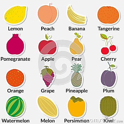 Set of flat colorful fruits icons. Vector Illustration