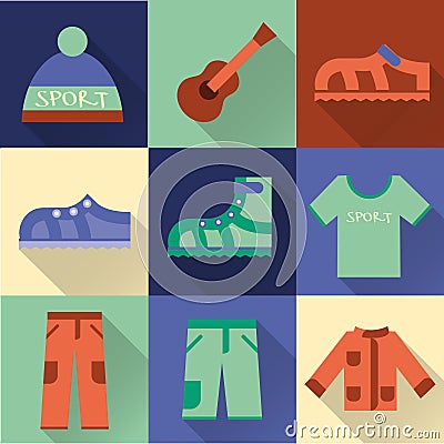 Set of flat colorful hiking, trekking and camping icons. Stock Photo