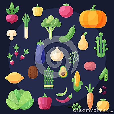 Set of flat colorful icons and elements with Vegetables and fruits Stock Photo