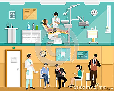 Set of flat colorful vector dentist office interior design with dental chair, dentist, patient and dental tools. Patients Vector Illustration