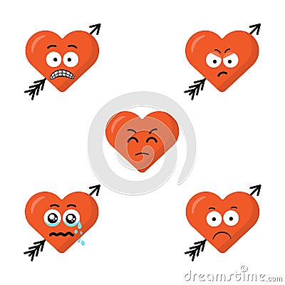 Set of flat cute cartoon emoji heart faces with arrow isolated on the white background. Sad emoticons faces. Modern Vector Illustration