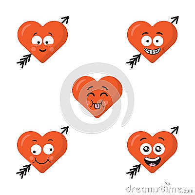 Set of flat cute emoji heart faces with arrow isolated on the white background. Happy emoticons faces. Collection of Vector Illustration