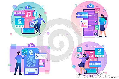 Set Flat 2D concepts LISTEN to music, Communication Voice message, data protection. For Concept for web design Vector Illustration