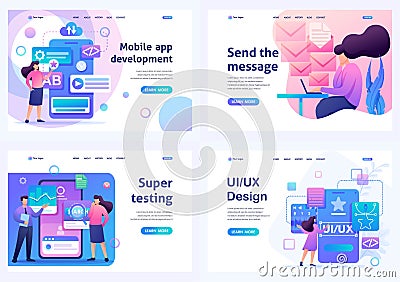 Set Flat 2D concepts Mobile app, UI UX Design, Super testing, Send message. For Landing page concepts and web design Vector Illustration