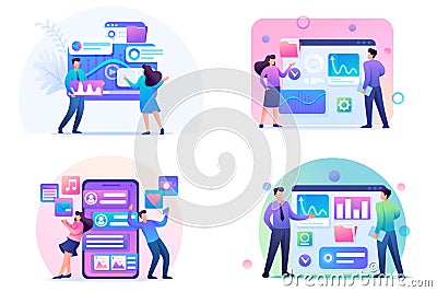 Set Flat 2D concepts Online chat, data analysis, data collection, digital marketing. For Concept for web design Vector Illustration