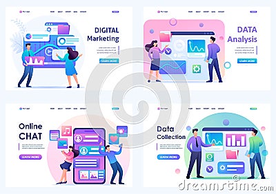 Set Flat 2D concepts Online chat, data analysis, data collection, digital marketing. For Landing page concepts and web design Vector Illustration