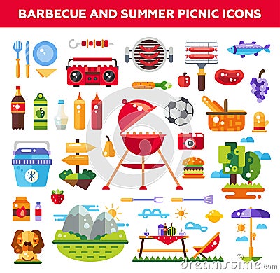 Set of flat design barbecue and summer picnic Vector Illustration