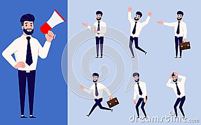 Set of Flat design businessman in many gesture isolated on white background. Business people in different pose in workplace. Vector Illustration