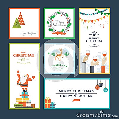 Set of flat design Christmas and New Year greeting card templates Vector Illustration