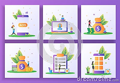 Set of flat design concept. Advertising, User Account, Video play, Accounting, Document Check, Mobile App. Suitable for web Vector Illustration