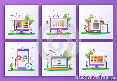 Set of flat design concept. Data management, Reporting sales, Content creator, Mobile app update, Online streaming, Branding. Vector Illustration