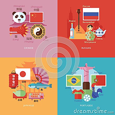 Set of flat design concept icons for foreign languages. Icons for Chinese, Russian, Japanese and Portugese. Vector Illustration