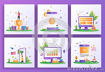 Set of flat design concept. Reward program, Application Error, Pay per click, Refer a friend, Reporting sales, Social media. Can Vector Illustration