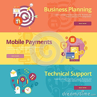 Set of flat design concepts for business planning, mobile payments, technical support. Stock Photo