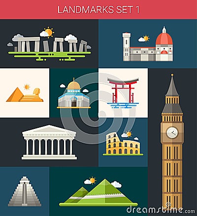 Set of flat design famous world landmarks icons Vector Illustration