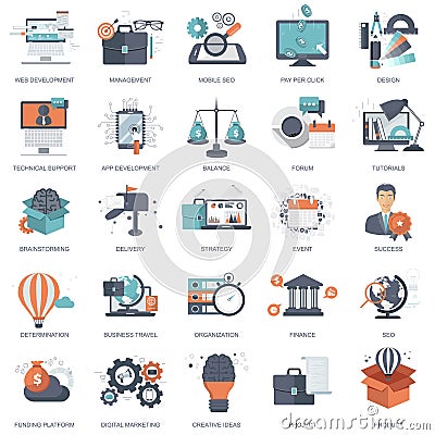 Set of flat design icons for business, pay per click, creative process, searching, web analysis, time is money, on line shopping. Stock Photo