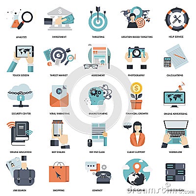 Set of flat design icons for business, pay per click, creative process, searching, web analysis, work-flow, on line shopping Stock Photo