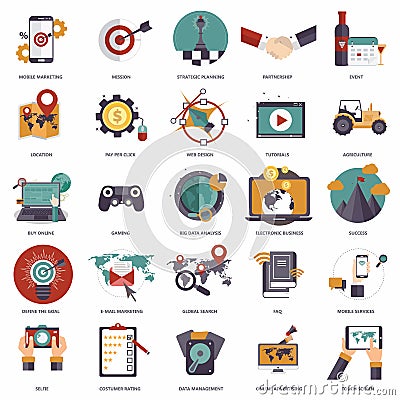 Set of flat design icons for business, pay per click, creative process, searching, web analysis, work-flow, on line shopping Vector Illustration