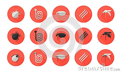 Set of flat design icons with dogs parasites as mosquitoes, crucifers, tapeworms, fleas and ticks Vector Illustration