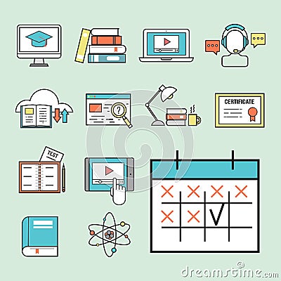 Flat design icons online education staff training book store distant learning knowledge vector illustration Vector Illustration