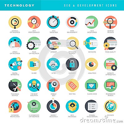 Set of flat design icons for SEO and website development Vector Illustration