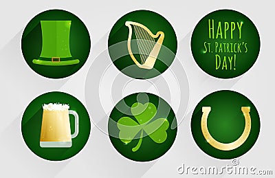 Set of flat design icons for St. Patrick`s Day, isolated on dark green round background. Vector Illustration