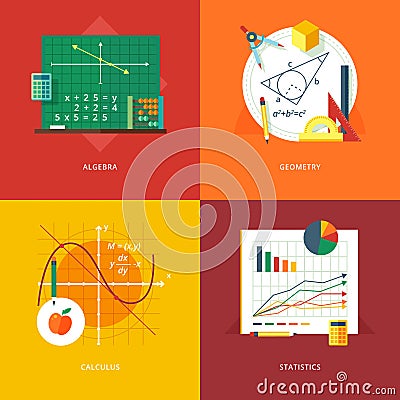 Set of flat design illustration concepts for algebra, geometry, calculus, statistics. Education and knowledge ideas. Vector Illustration