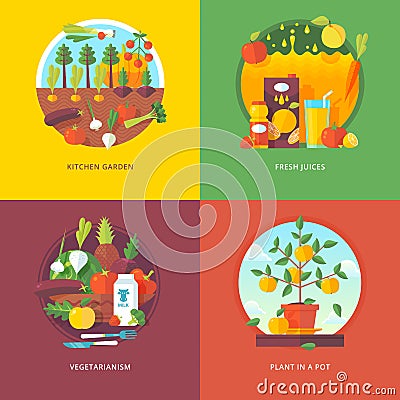 Set of flat design illustration concepts for kitchen garden, fresh juices, vegetarianism and plant in a pot. Fruit and Vector Illustration