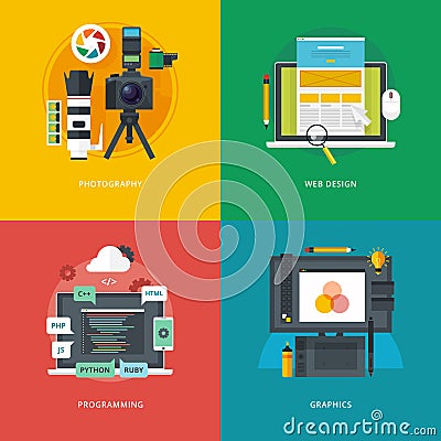 Set of flat design illustration concepts for photography, web design, programming, graphics. Education and knowledge ideas. Vector Illustration