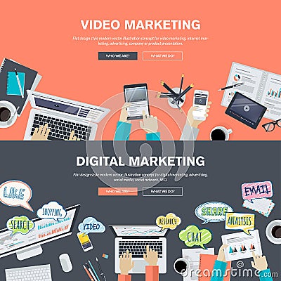 Set of flat design illustration concepts for video and digital marketing Vector Illustration