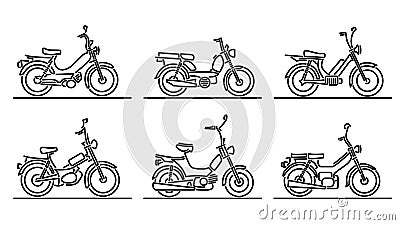 Set of flat design images of bicycle shape scooters and mopeds drawn in art line style Vector Illustration