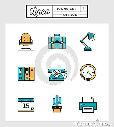 Set of flat design line icons of office elements Vector Illustration