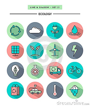 Set of flat design,long shadow, thin line ecology icons Vector Illustration