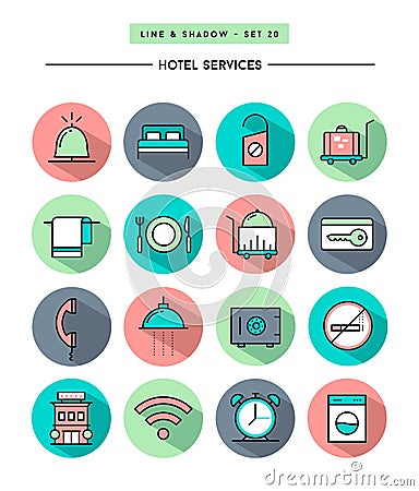 Set of flat design,long shadow, thin line hotel services icons Vector Illustration