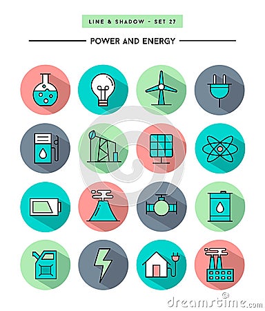 Set of flat design,long shadow, thin line power and energy icons Vector Illustration
