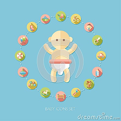Set of flat design pastel cute baby icons Vector Illustration