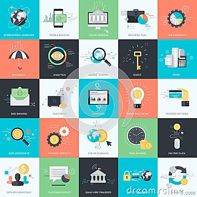 Set of flat design style icons for finance, banking Vector Illustration