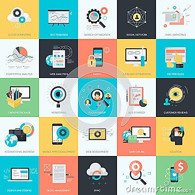 Set of flat design style icons for SEO, social network, e-commerce Vector Illustration