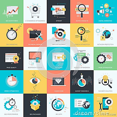 Set of flat design style icons for SEO, web development Vector Illustration