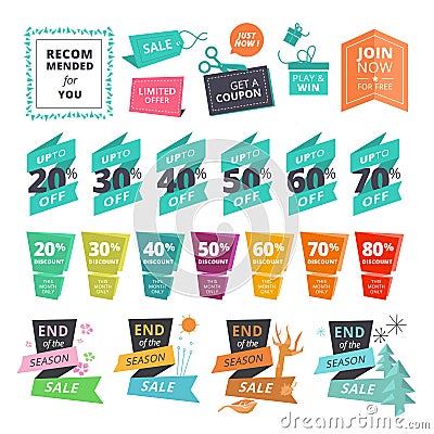 Set of flat design style stickers and ribbons for shopping Vector Illustration