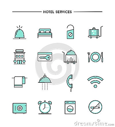 Set of flat design, thin line hotel services icons Vector Illustration