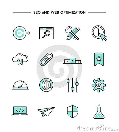 Set of flat design, thin line seo and web optimization icons Vector Illustration