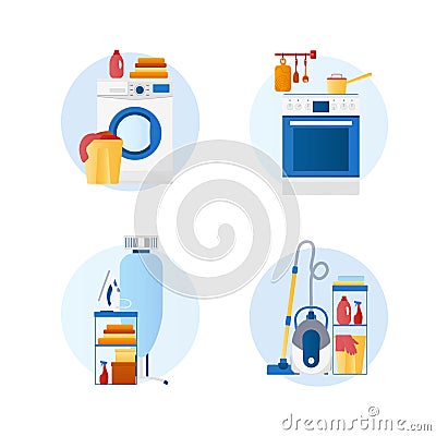 Set of flat design vector icons of housekeeping, homework, laundry, Vector Illustration