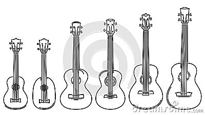 Set of flat design vector images of simple stringed musical instruments ukulele drawn by lines Vector Illustration