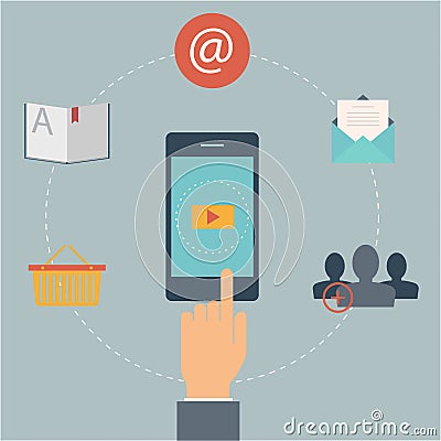 Set of flat design web icons for mobile phone services and apps. Concept: marketing, email, video Vector Illustration