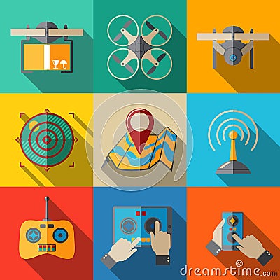 Set of flat drone icons - with box, top view Vector Illustration