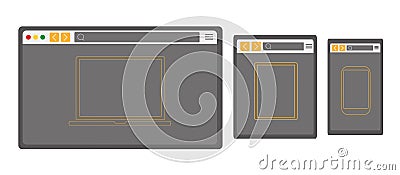 Set of flat empty browser windows for various devices. Vector. Computer, tablet, phone sizes. Stock Photo