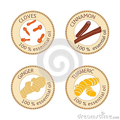 Set of flat essential oil labels. 100 percent. Cloves, cinnamon, ginger, turmeric Vector Illustration