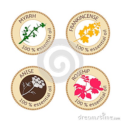 Set of flat essential oil labels. 100 percent. Myrrh, anise, rosehip, frankincense Vector Illustration